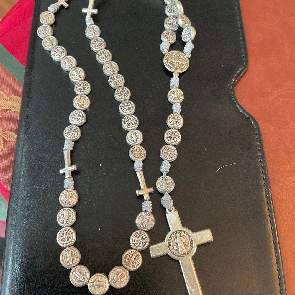Saint Benedict silver tone rope rosary